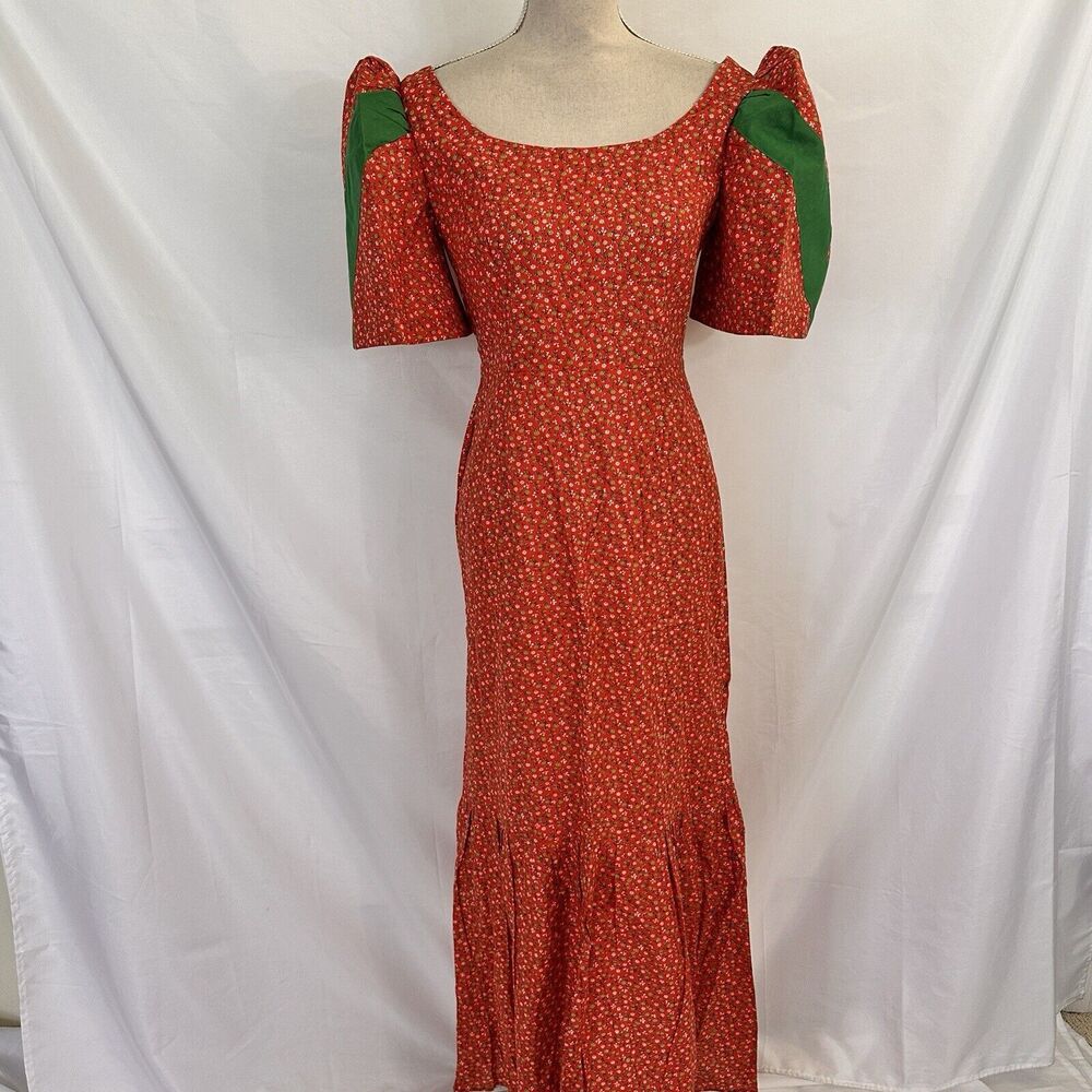 Vtg Red Floral Big Puff Sleeve Maxi Prairie Dress SMALL